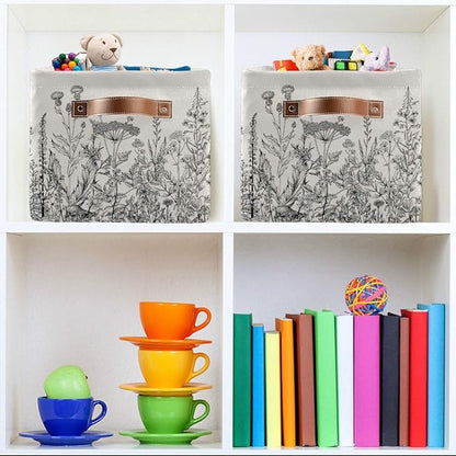Black and White Flowers Storage Baskets,Decorative Collapsible Rectangular Canvas Fabric Storage Bin for Home, 2PACK