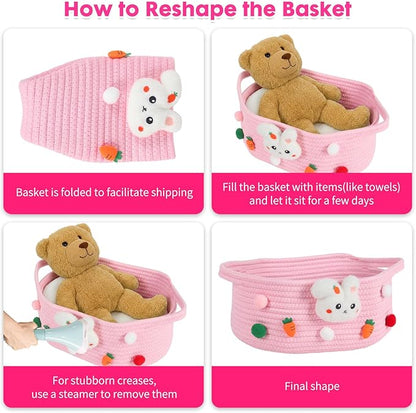 ShellKingdom Empty Gift Basket with Gift Bags and Ribbon, Birthday Basket for Boys Girls, Storage Woven Basket with Handles for Home Organizer, 12 X 8 X 5 INCH, Easter Pink