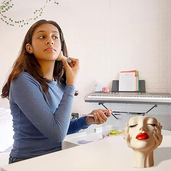 Women's Head Shape Boho Feminist Decoration, Minimalist Statue Storage Decor Face Makeup Brush Holder, Modern Statue Storage Makeup for Table Shelf Living Room Office (Beige 6.69 * 4.72 * 3.15in)