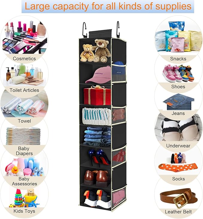 Large-Sized Hanging Shoe Organizer 8-Shelf, Hanging Closet Organizer with 8 Side Pockets, Wider Hanging Shelves for Storage Shoes Clothes 9" W × 11.8" D× 48" H, Black.