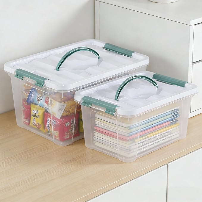 2-Pack Plastic Lidded Storage Box with Handle, Organizing Container with Lid and Latching Buckles (7 Quart/14 Quart)
