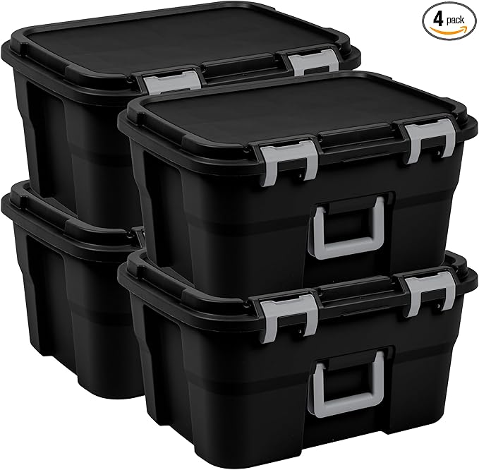 Sterilite 4 Pack Footlocker, 14 Gallon Plastic Storage Container with Latching Lid and Built-In Handles, Black - Large Stackable Bin Home Organizer