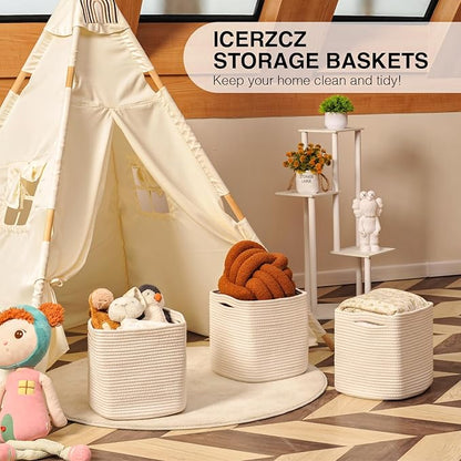 ICERZCZ 13 Inch Cube Closet Storage Bins, Woven Cotton Rope Organizer Baskets for Organizing & Shelves, Books, Towels, Clothes, Toys, 13x13x13 in, Off White (Pack of 3)