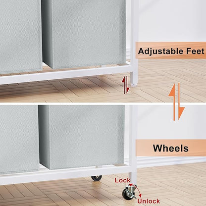 Timberer Laundry Hamper, Laundry Sorter 2 Section, Rolling Laundry Basket with Wheels, 2 Shelves, 2 × 14.5 Gal, Pull-Out and Removable Oxford Fabric Bags, for Laundry Room, White and Grey