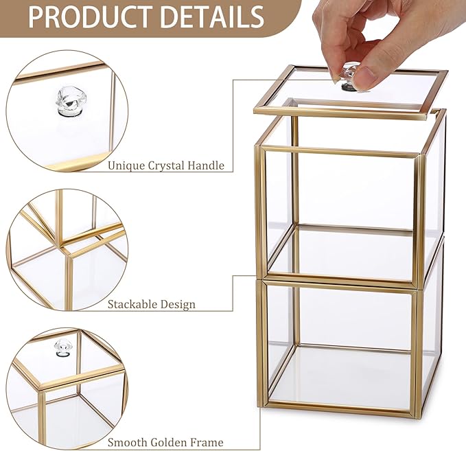 Hipiwe Glass Qtip Holder Dispenser with Lid 2-Tier Stackable Bathroom Containers Cotton Ball & Swab Holder Vanity Organizer Jars Gold for Makeup Pads
