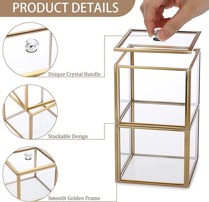 Hipiwe Glass Qtip Holder Dispenser with Lid 2-Tier Stackable Bathroom Containers Cotton Ball & Swab Holder Vanity Organizer Jars Gold for Makeup Pads