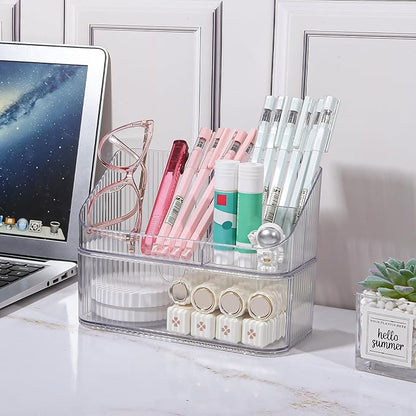 DASITON Makeup Organizer with Drawers, 2 Tier Stackable Organizer for Cosmetics, Skincare, Lipsticks, Makeup Brush, Acrylic Small Makeup Organizers for Vanity Bathroom Countertop Desk Storage (Clear)