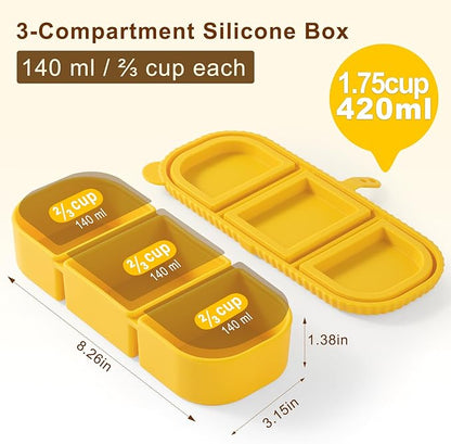 2 Pack Silicone Snack Containers, 3-Compartment Snackle Box with Leak Proof Lids, Reusable Small Divided Food Storage for Kids Lunch, School Travel Adults