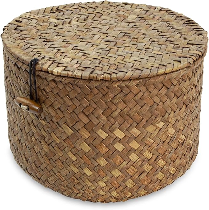 Seagrass Handmade Basket with Lid, Small Round Basket for Storage, Decorative Home Organizer Decor(7"L x 7"W x 5"H, Coffee)