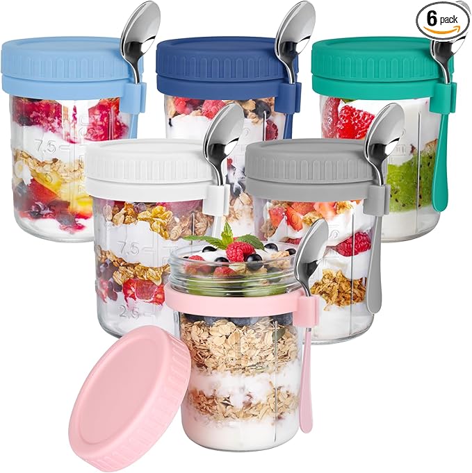 OcePor 6 Pack Overnight Oats Containers with Lids and Spoons, 16 OZ Glass Mason Overnight Oats Jars, Large Capacity Airtight Jars for Milk, Cereal, Fruit