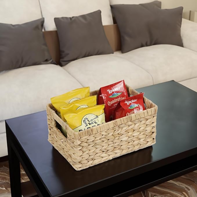 Wicker Basket, Water Hyacinth Baskets for Organizing, Rectangular Wicker Storage Basket for Shelves, Decorative Storage Bin with Built-in Handles (Medium)