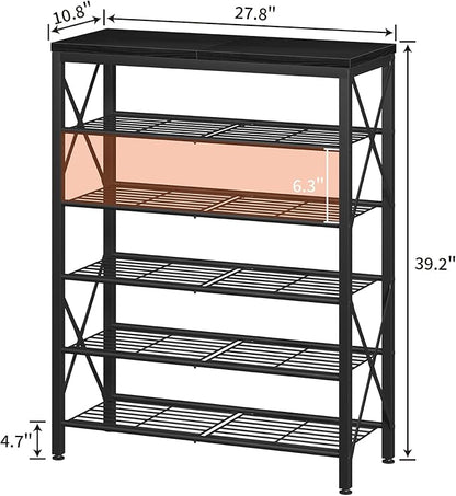 6-Tier Shoe Rack, Metal Shoe Stand with Wooden Top & 4 X Frames, Holds up to 24 Pairs, Sturdy Shoe Shelf for Entryway Closet Garage, Black
