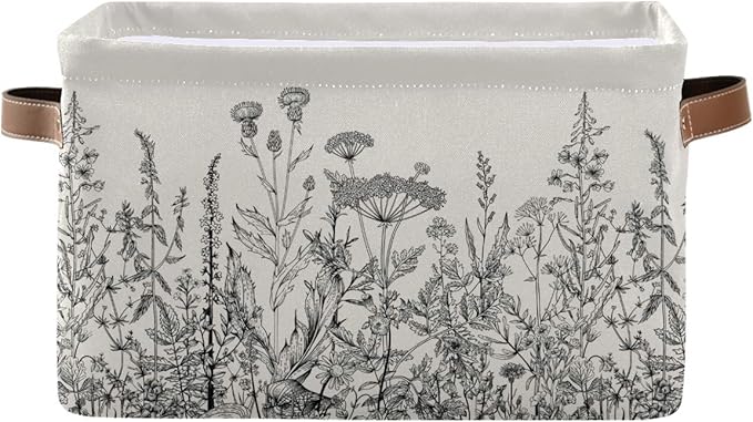 Black and White Flowers Storage Baskets,Decorative Collapsible Rectangular Canvas Fabric Storage Bin for Home