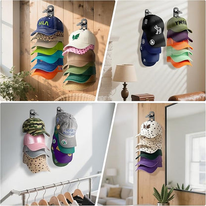 2 Pack Hat Hook Organizer for Baseball Caps, Hat Hanger Holder for 20 Caps, Wall Hat Rack with Strong Adhesive, Multilayer Cap Storage Hooks for Closet Door and Bedroom (Style B-Black)