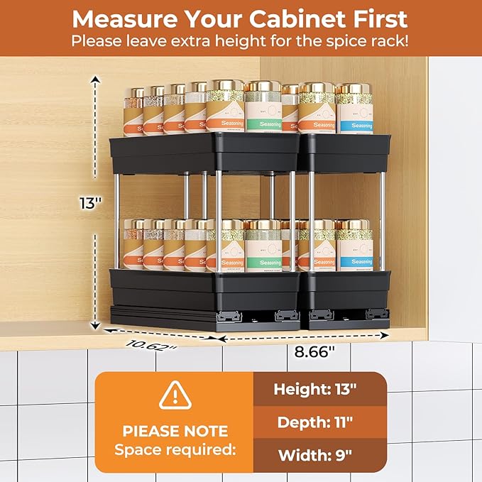 Mystozer Pull Out Spice Rack Organizer for Cabinet, Slide Out Spice Racks Organizer, Easy to Install Spice Cabinet Organizers, 4.33''Wx10.62''Dx8.66''H, 2 Packs-2 Tiers(Black)