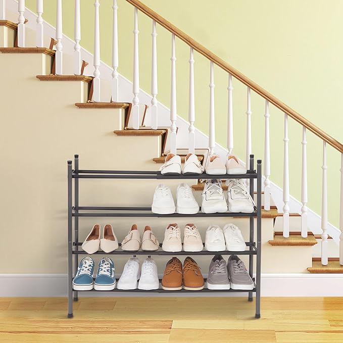 STORAGE MANIAC Expandable Shoe Rack, 16 Pairs Stackable Small Shoe Rack, Metal Adjustable Shoes Organizer for Closet, Entryway, Hallway, Garage, Front Door, Shoes Shelves, Black 4 Tier