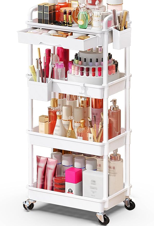 SUNALLY Makeup Cart Organizer with Drawers, 4 Tier Floor Skincare Organizers for Vanity, Rolling Makeup Bathroom Storage Cart Cosmetics Display Cases for Skin Care Perfume Nail Polish, White