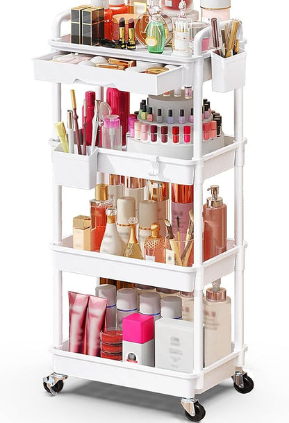 SUNALLY Makeup Cart Organizer with Drawers, 4 Tier Floor Skincare Organizers for Vanity, Rolling Makeup Bathroom Storage Cart Cosmetics Display Cases for Skin Care Perfume Nail Polish, White