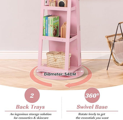 Multigot 3-Color LED Lights Jewellery Cabinet, 3-in-1 360° Swivel Jewelry Armoire with Full-Length Mirror, Lockable Cosmetic Storage Organizer for Dressing Room Living Room Bedroom (Pink)