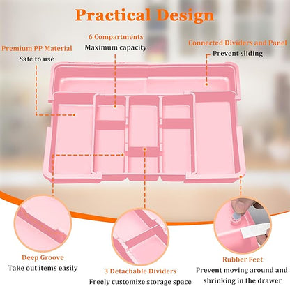 Spaclear Large Utensil Drawer Organizer Expandable Silverware Organizer for Kitchen Drawer Adjustable Cooking Utensil Holder Cutlery Flatware Tray Spatula Tools Gadgets Storage Dividers Plastic Pink