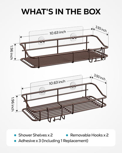 Nieifi Shower Caddy Shelf Storage Rack Adhesive Without Drilling Stainless Steel with Hooks for Washroom, Lavatory, Restroom, Toilet, Bathroom, Kitchen - 2 Pack Bronze