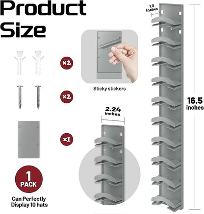 Hat Organizer Hold up to 10 Hats, Hat Rack for Wall with Strong Adhesive, Hat Organizer for Baseball Caps Display for Door Closet, Hat Hanger Holder Storage Multilayer Two Mounting Option(Black)