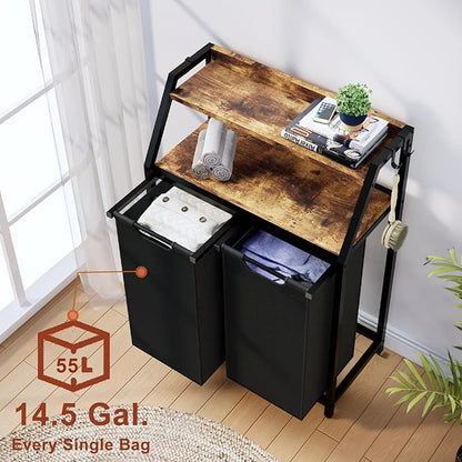 Timberer Laundry Hamper, Laundry Sorter 2 Section, Rolling Laundry Basket with Wheels, 2 Shelves, 2 × 14.5 Gal, Pull-Out and Removable Oxford Fabric Bags, for Laundry Room,Black and Rustic Brown