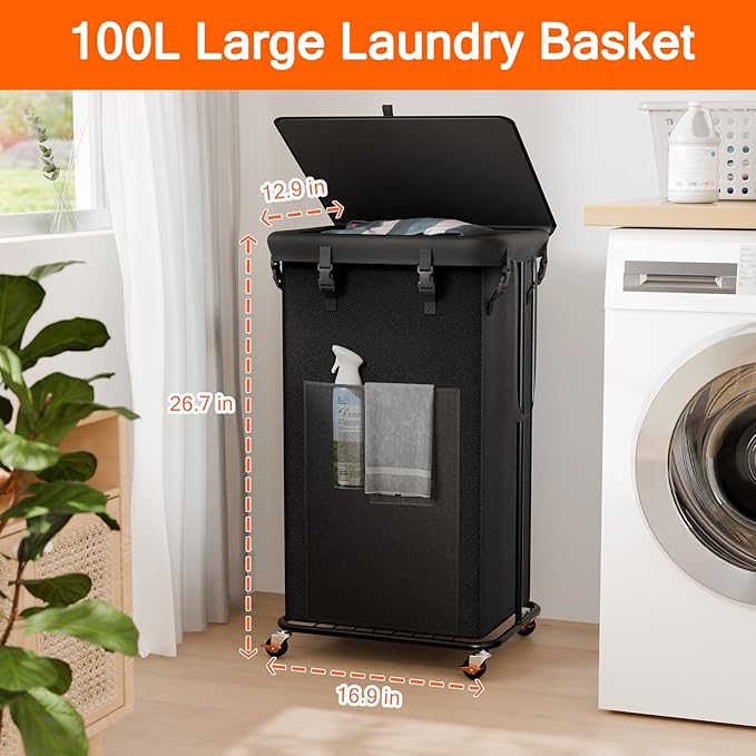 100L Laundry Hamper with Lid, Rolling Laundry Basket with Wheels, Large & Tall Dirty Clothes Hamper with Metal Frame and Removable Bag for Bedroom Aesthetic, Laundry Room, Bathroom, Dorm-Black