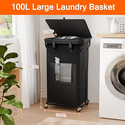 100L Laundry Hamper with Lid, Rolling Laundry Basket with Wheels, Large & Tall Dirty Clothes Hamper with Metal Frame and Removable Bag for Bedroom Aesthetic, Laundry Room, Bathroom, Dorm-Black