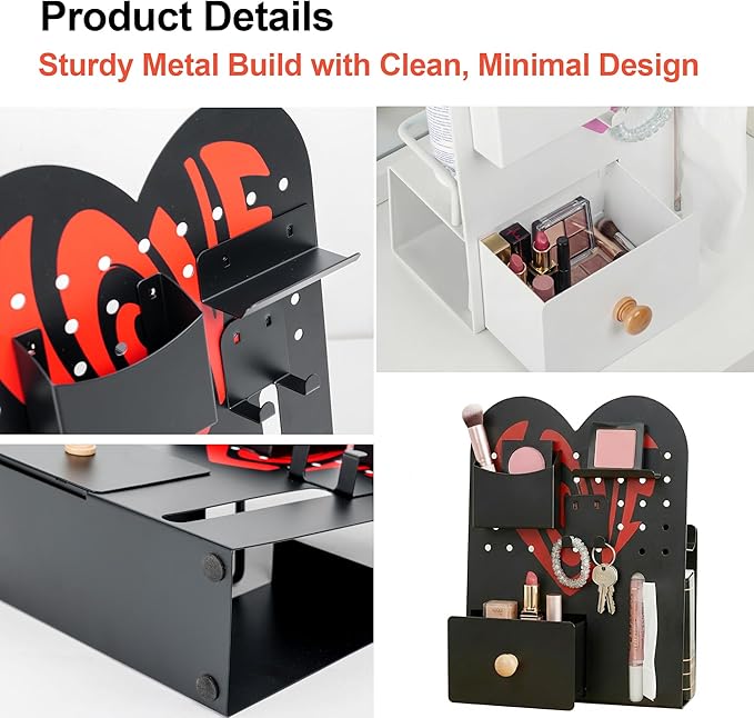 Magnetic Pegboard Organizer for Office Desk, Makeup Vanity, Stationery Storage, Gaming Desktop with 4 Metal Accessories Drawer Holder Hooks Modular - Home Decor Tabletop Display Kids Room - Black