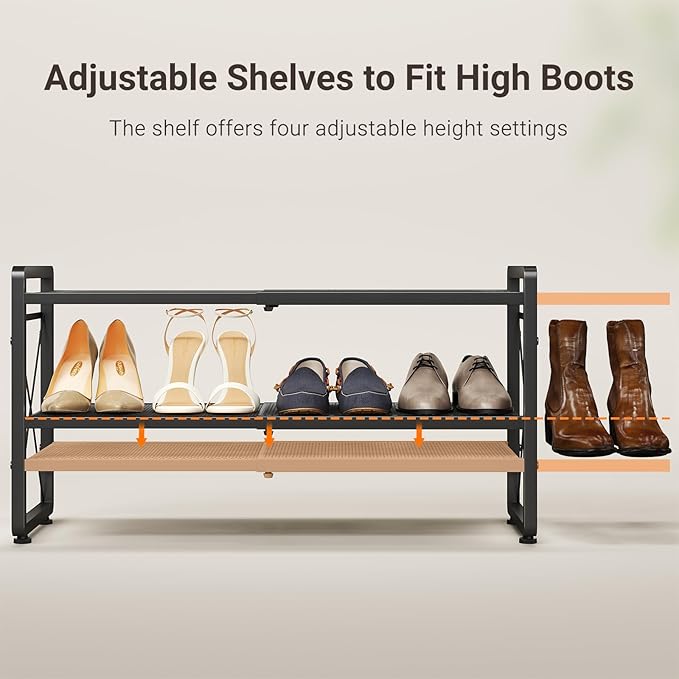 ELYKEN Shoe Rack, 4-Tier Expandable Shoe Organizer for Entryway, Metal Black Shoe Shelf with 8 Hooks, Adjustable Shoe Stand Holder for Closet, Garage, Door Entrance