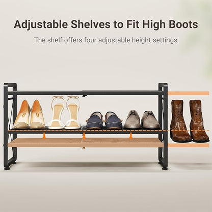 ELYKEN Shoe Rack, 4-Tier Expandable Shoe Organizer for Entryway, Metal Black Shoe Shelf with 8 Hooks, Adjustable Shoe Stand Holder for Closet, Garage, Door Entrance