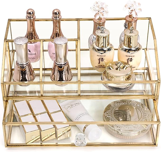 Glass Makeup Brush Holder, Makeup Brush Organizer Jewelry Display Box, Nordic Style Elegant Glass Makeup Organizer Nail Polish Lipsticks Eyeliners Holder for Vanity Bathroom Bedroom Office