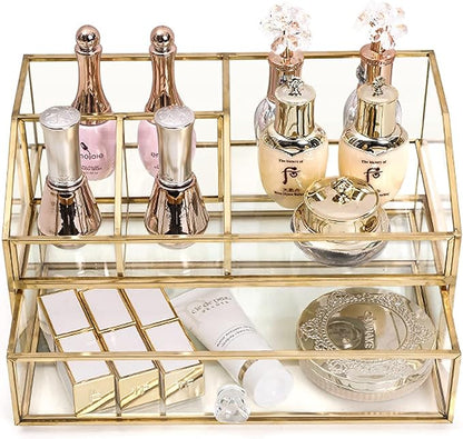 Glass Makeup Brush Holder, Makeup Brush Organizer Jewelry Display Box, Nordic Style Elegant Glass Makeup Organizer Nail Polish Lipsticks Eyeliners Holder for Vanity Bathroom Bedroom Office