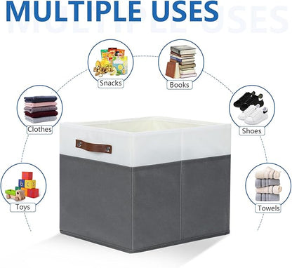 Temary Cube Storage Bins 4Pack Foldable Cube Baskets for Clothes Shelf Storage Basket with Handles, Storage Box Fabric Storage Organizer Bins for Home (White&Grey, 13x15x13 Inch)