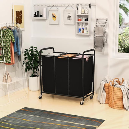 180L (47.55 Gal) Laundry Sorter 3 Section, Rolling Laundry Basket with Lockable Wheels and Lid, Laundry Hamper with 3 Separated Removable Bags Dirty Clothes Hamper for Laundry Room Organizer, Black