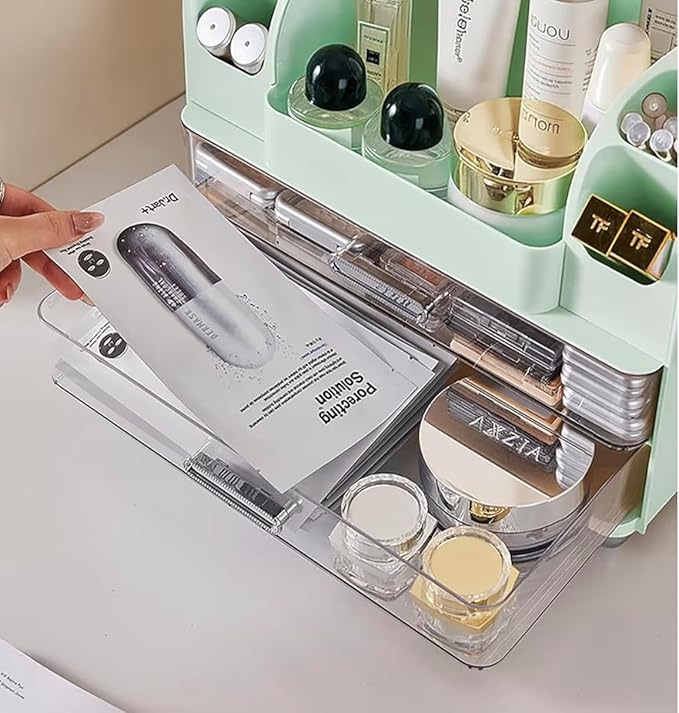 Tiered Makeup Organizer, Mint Green Cosmetic Storage Display Case with Brush Holder, Vanity Beauty Product Storage System