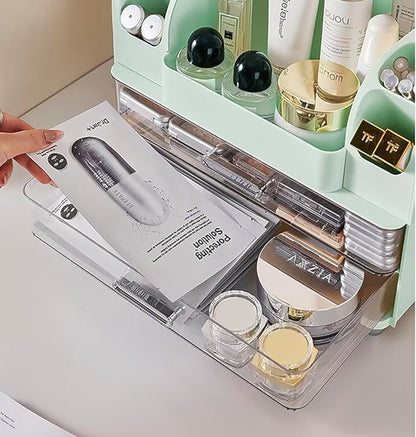 Tiered Makeup Organizer, Mint Green Cosmetic Storage Display Case with Brush Holder, Vanity Beauty Product Storage System