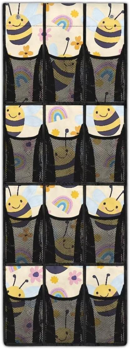 Bee Over the Door Shoe Organizer,Shoe Organizer Door Hanger with 12 Mesh Large Pockets,Space Saver,Unique Print