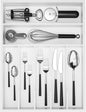 Utensil Organizer Silverware Drawer Organizer - 7 Slots Bamboo Cutlery Organizer Multi-Purpose Silverware Divider for Kitchen Flatware, Hair Accessories, Repair Tools, Art Set W13”x L17” (White)