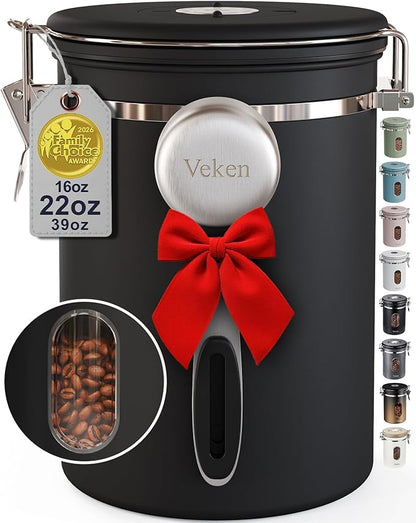Veken Coffee Canister with Window,Airtight Stainless Steel Pantry Container,Kitchen Food Storage Organizers for Beans,Ground,Espresso,Rice,Tea,Sugar, Cereal, Bar Accessories,Gifts,Lids,Jars,22OZ,Black