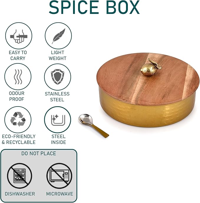 Elan Dabbahs and Days Spice Box with Stylish Lemon Knob |Stainless Steel with Wooden lid Masala Dabba | Masala Dani With 7 Containers and Small Spoon | Kitchen Spice Organiser (Antique Gold and Wood)