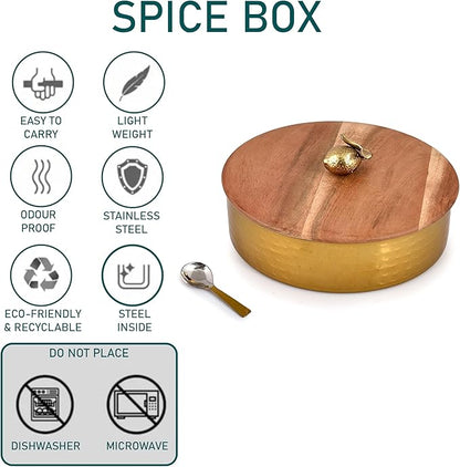 Elan Dabbahs and Days Spice Box with Stylish Lemon Knob |Stainless Steel with Wooden lid Masala Dabba | Masala Dani With 7 Containers and Small Spoon | Kitchen Spice Organiser (Antique Gold and Wood)