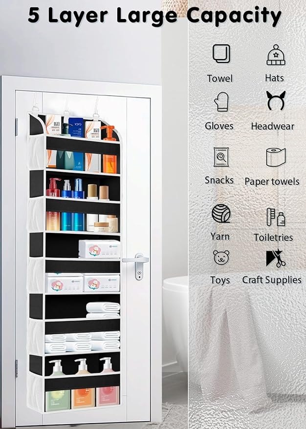 TAHAVICE 2 Pack Over The Door Storage Organizer with 5 Pockets 10 Mesh Side Pockets, 44 lbs Weight Capacity Door Hanging Organizers and Storage for Bedroom,Bathroom,Nursery,Pantry,Dorm(Black)