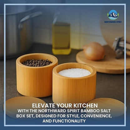 Bamboo Salt Containers with Magnetic Swivel Lids – 4Pcs Round Wooden Spice Storage Containers for Salt, Herbs, Flaky Salt & Seasonings Kitchen Countertop Storage