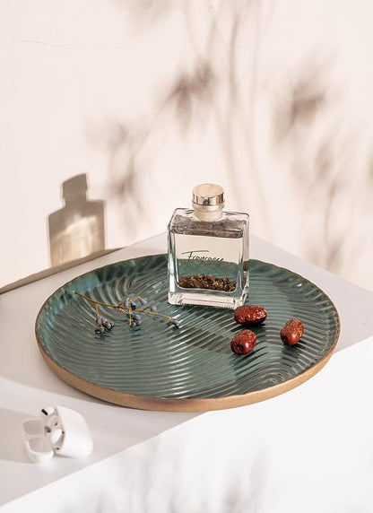 Vanity Tray with Brown Trim - Candle & Perfume Holder Organizer - Round, Green, 11"11" - Home Decor for Dresser, Table, Bathroom Countertop
