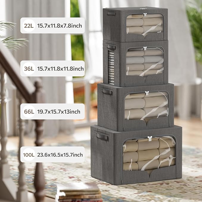 FHSQX 3 Pack Clothes Storage Bins - Foldable Metal Frame Storage Box - Stackable Linen Fabric Container Organizer Set with Carrying Handles and Clear Window (Dark Gray, 19.7x15.7x13inch(66L))