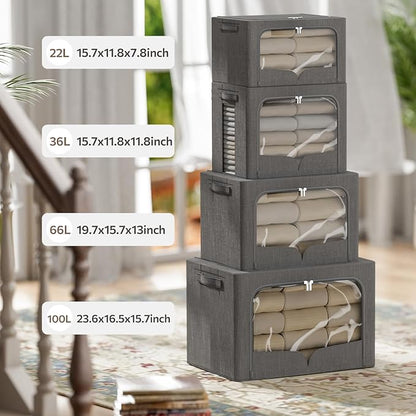 FHSQX 3 Pack Clothes Storage Bins - Foldable Metal Frame Storage Box - Stackable Linen Fabric Container Organizer Set with Carrying Handles and Clear Window (Dark Gray, 19.7x15.7x13inch(66L))