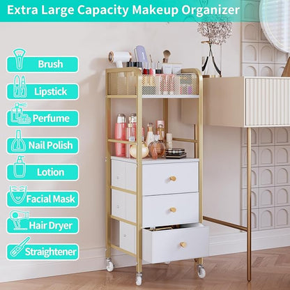 HapiRm Rolling Makeup Cart Organizer - Floor Skincare Make Up Storage with 3 Non-woven Fabric Drawers, Vanity Organizer Cosmetic Display Cases Holder for Skin Care Perfume Nail Polish Brush Hair Tool