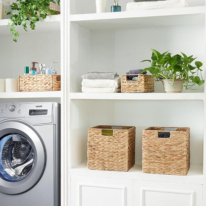 Vagusicc Storage Basket, Set of 2 Hand-woven Water Hyacinth Storage Baskets, Foldable Wicker Storage Basket 9 Inch Cube Storage Bins for Shelves Organizer Square Shelf Baskets, 9''x9''x9''